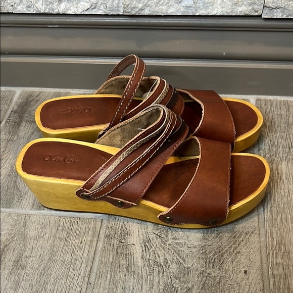 Olukai Brown Kamala Leather clogs with wooden wedge heels size 7 - Picture 10 of 10
